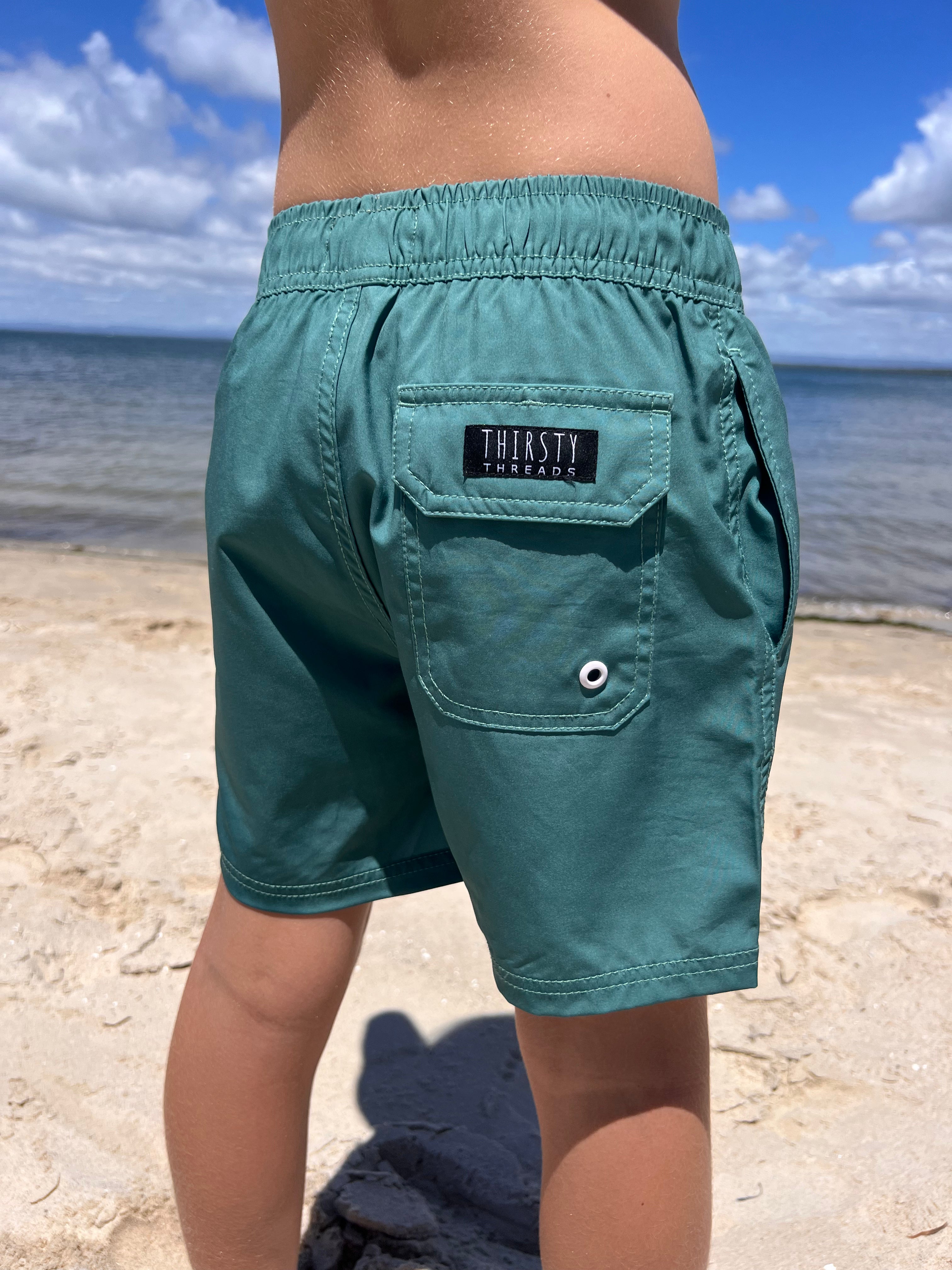 Boys Dark Green anti-chafe lined boardshorts - Thirsty Threads 