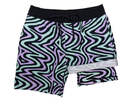 Boys' Dreamwave hybrid anti-chafe boardshorts, mint and purple swirl print, front with built-in liner - Thirsty Threads 1920