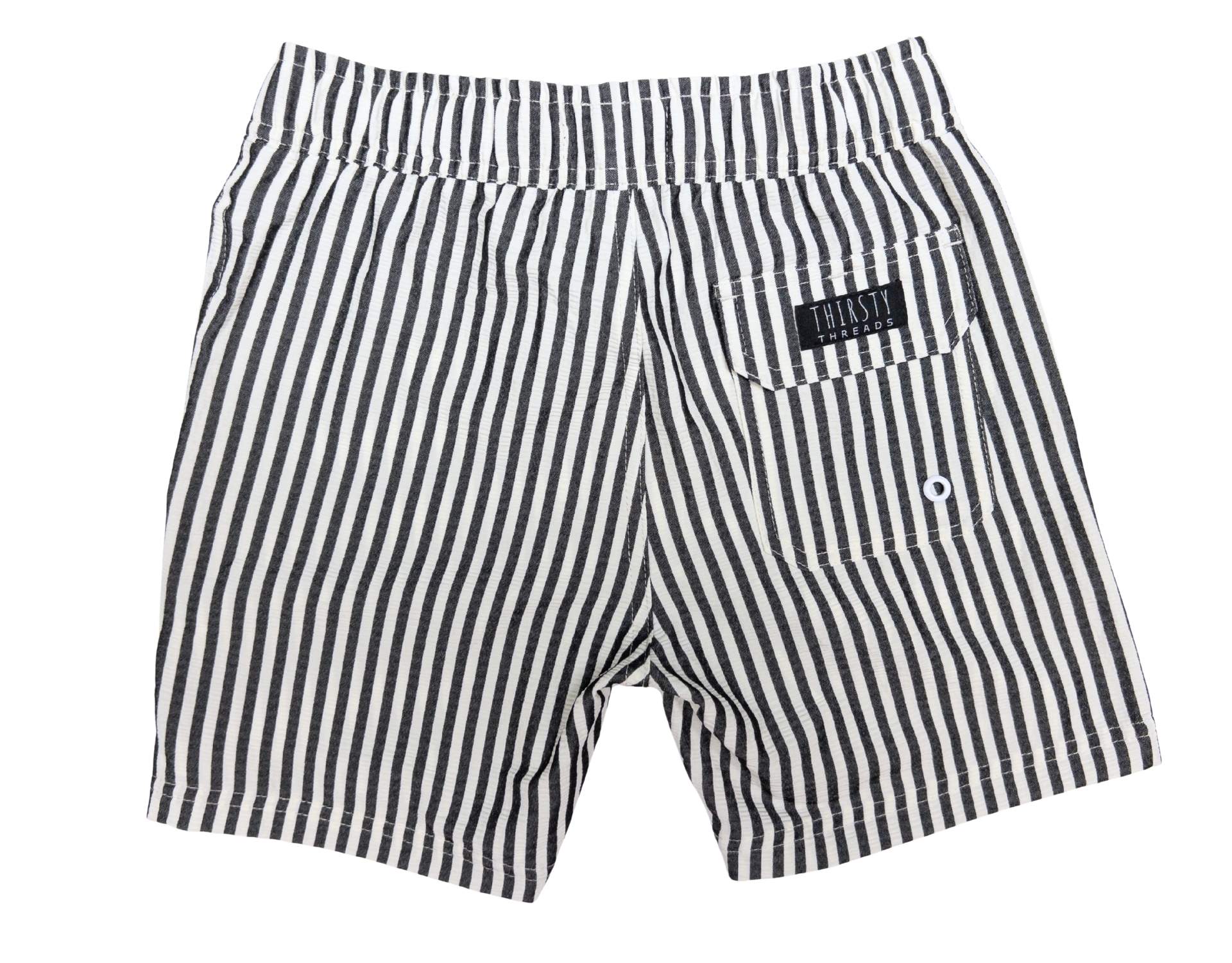 Back view of boys Midnight Stripe hybrid lined anti-chafe boardshorts with quick dry stretch fabric