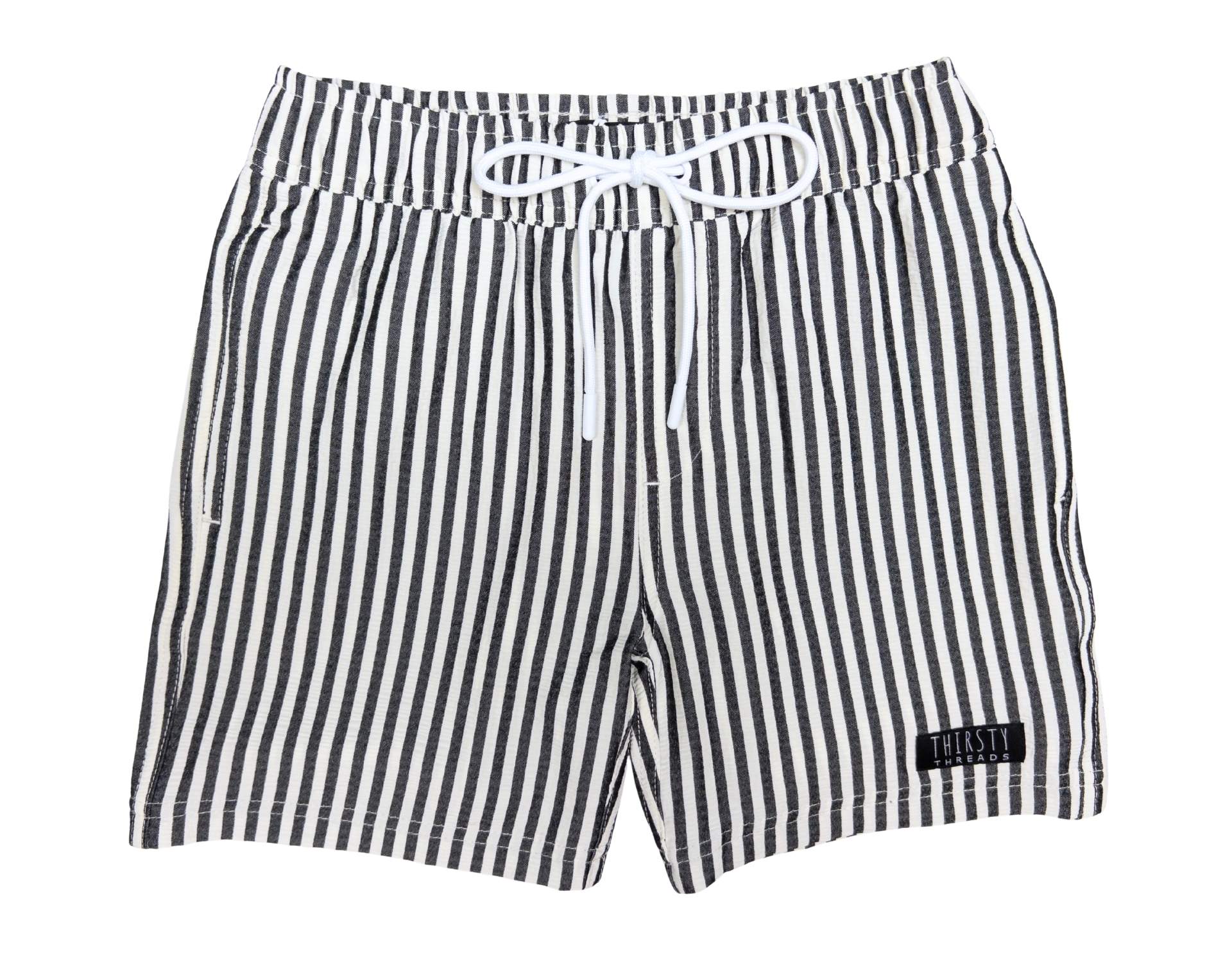 Front view of boys Midnight Stripe hybrid lined boardshorts with quick dry 4-way stretch fabric