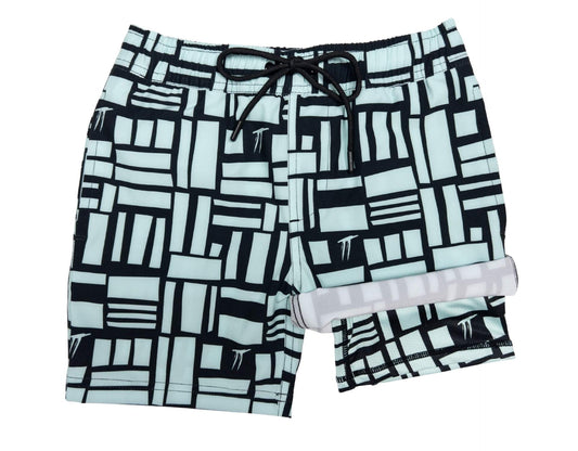 Boys' Mint Geo hybrid anti-chafe boardshorts, mint and black geometric print, front with built-in liner - Thirsty Threads 1920