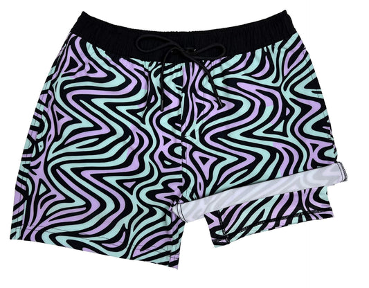 Men's Dreamwave hybrid anti-chafe boardshorts, mint and purple swirl print, front with built-in liner - Thirsty Threads 1920
