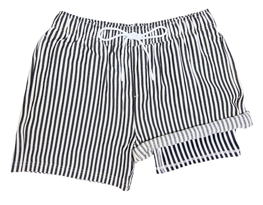 Men's Midnight Stripe hybrid anti-chafe boardshorts, black and white seersucker, front with built-in liner - Thirsty Threads 1920
