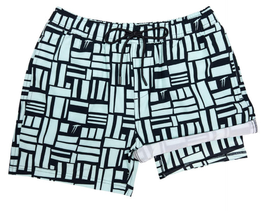 Men's Mint Geo hybrid anti-chafe boardshorts, mint and black geometric print, front with built-in liner - Thirsty Threads 1920