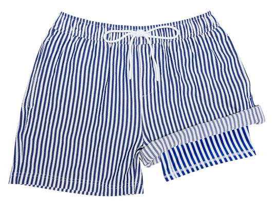 Men's Pacific Stripe hybrid anti-chafe boardshorts, blue and white seersucker, front with built-in liner - Thirsty Threads 1920