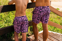 Rear fit of men’s Pink Geo hybrid lined boardshorts with quick dry 4-way stretch fabric
