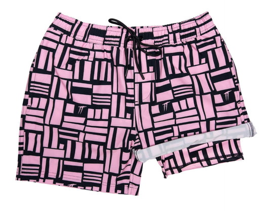 Men’s Pink Geo hybrid anti-chafe boardshorts with built-in Hybrid Liner, quick dry 4-way stretch fabric and elastic waistband 1920