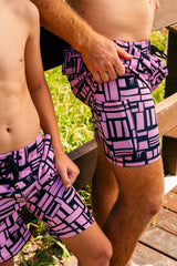 Matching men’s Pink Geo hybrid lined anti-chafe boardshorts with hidden phone pocket